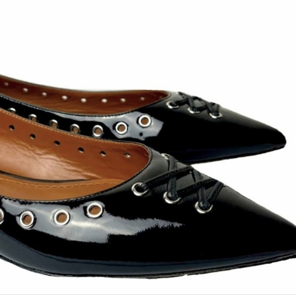 Coach Black Patent Leather Pointed-Toe Flats with Grommet Detail